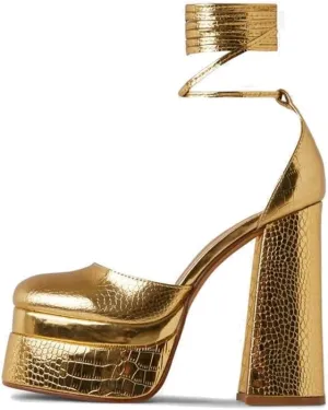 keleimusi Strappy Platform Pumps Lace-Up Square Toe Patent Leather High Blocked Chunky Sandals for Women