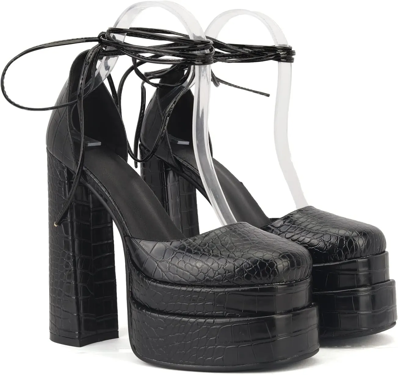 keleimusi Strappy Platform Pumps Lace-Up Square Toe Patent Leather High Blocked Chunky Sandals for Women