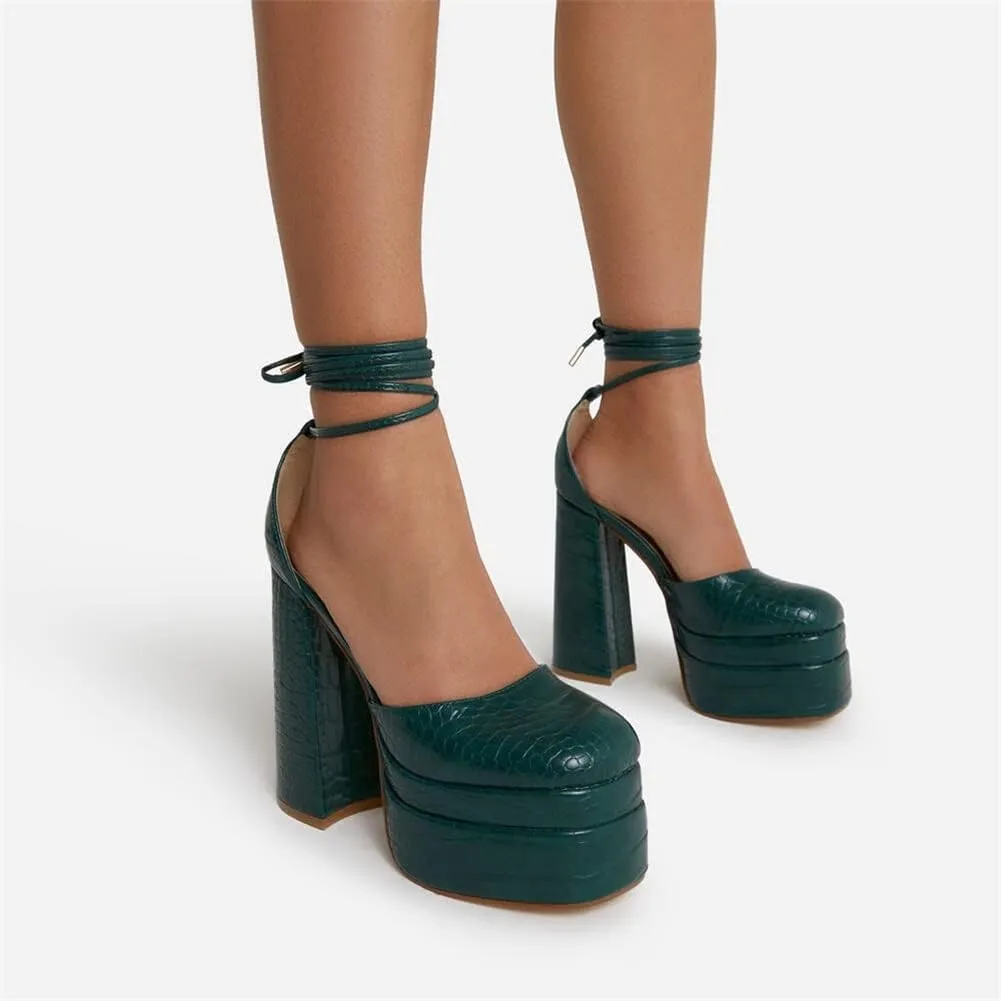 keleimusi Strappy Platform Pumps Lace-Up Square Toe Patent Leather High Blocked Chunky Sandals for Women