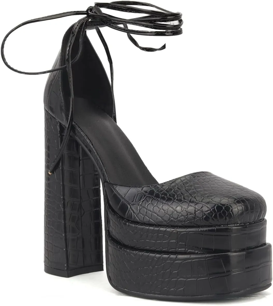 keleimusi Strappy Platform Pumps Lace-Up Square Toe Patent Leather High Blocked Chunky Sandals for Women