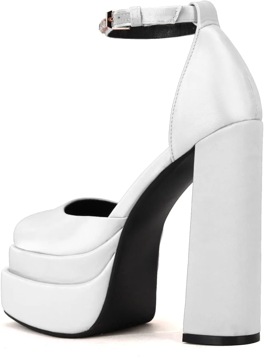 keleimusi Strappy Platform Pumps Lace-Up Square Toe Patent Leather High Blocked Chunky Sandals for Women