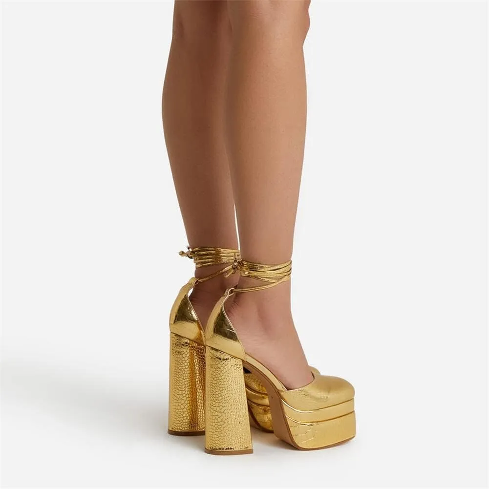 keleimusi Strappy Platform Pumps Lace-Up Square Toe Patent Leather High Blocked Chunky Sandals for Women