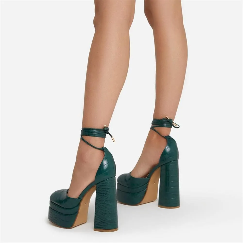 keleimusi Strappy Platform Pumps Lace-Up Square Toe Patent Leather High Blocked Chunky Sandals for Women