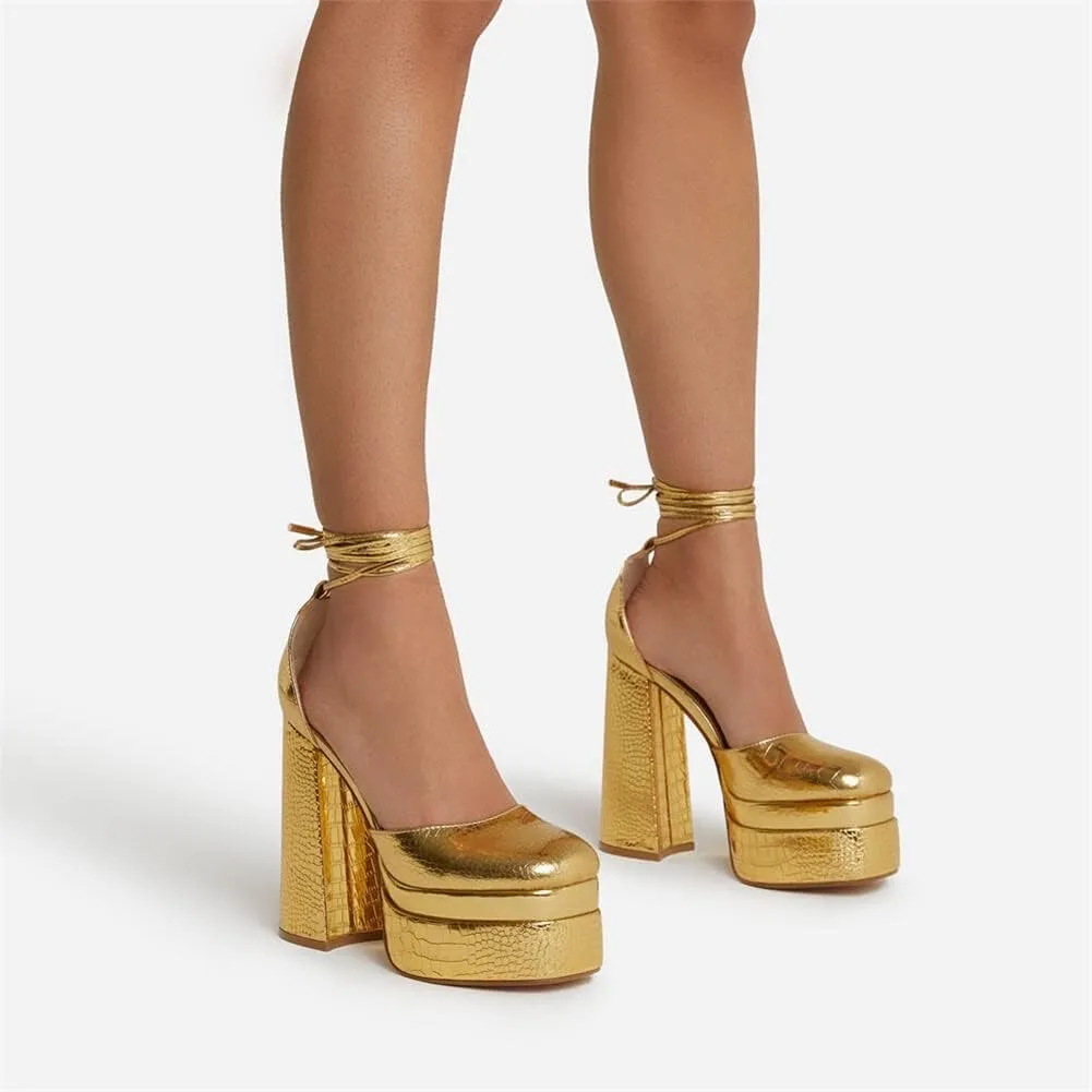 keleimusi Strappy Platform Pumps Lace-Up Square Toe Patent Leather High Blocked Chunky Sandals for Women