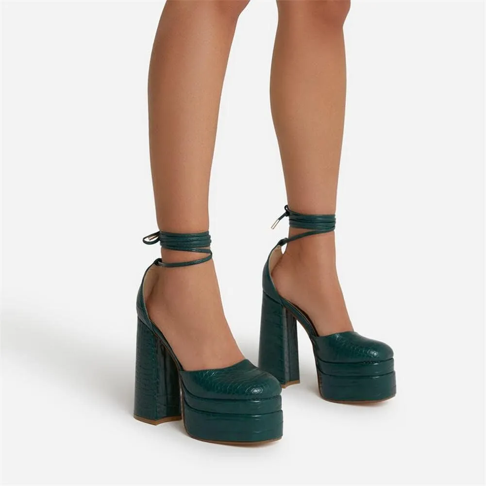 keleimusi Strappy Platform Pumps Lace-Up Square Toe Patent Leather High Blocked Chunky Sandals for Women