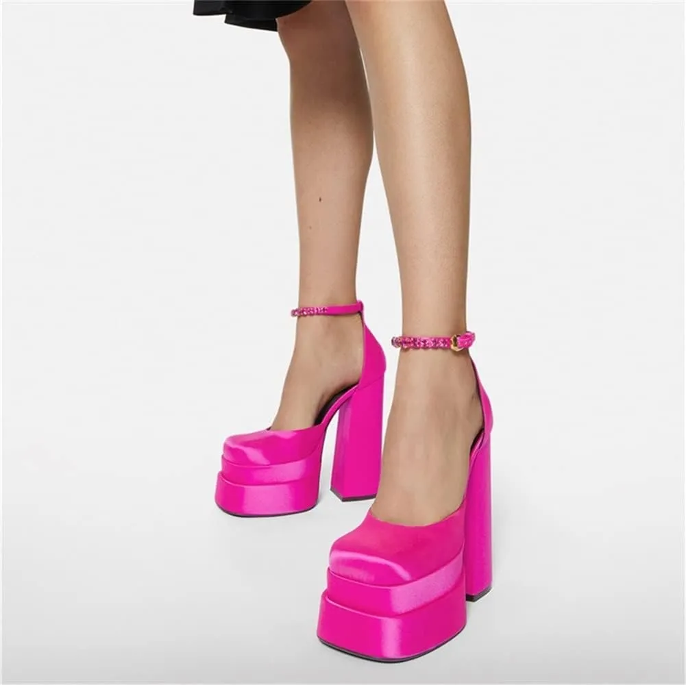 keleimusi Strappy Platform Pumps Lace-Up Square Toe Patent Leather High Blocked Chunky Sandals for Women