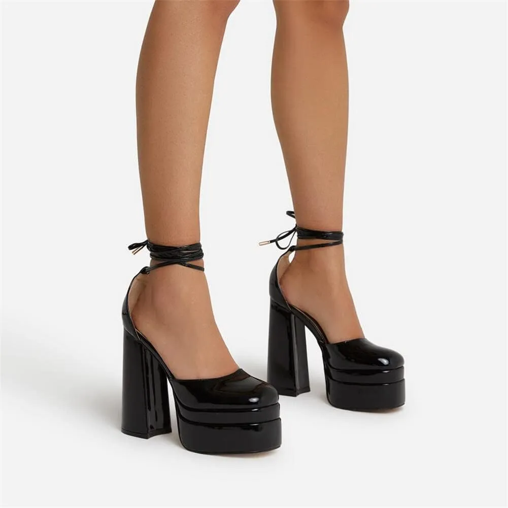 keleimusi Strappy Platform Pumps Lace-Up Square Toe Patent Leather High Blocked Chunky Sandals for Women
