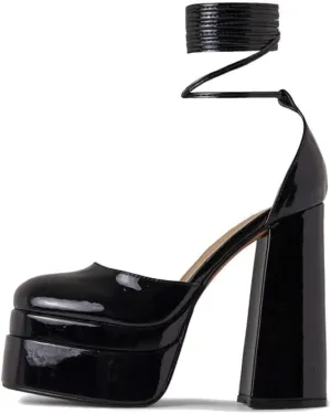 keleimusi Strappy Platform Pumps Lace-Up Square Toe Patent Leather High Blocked Chunky Sandals for Women