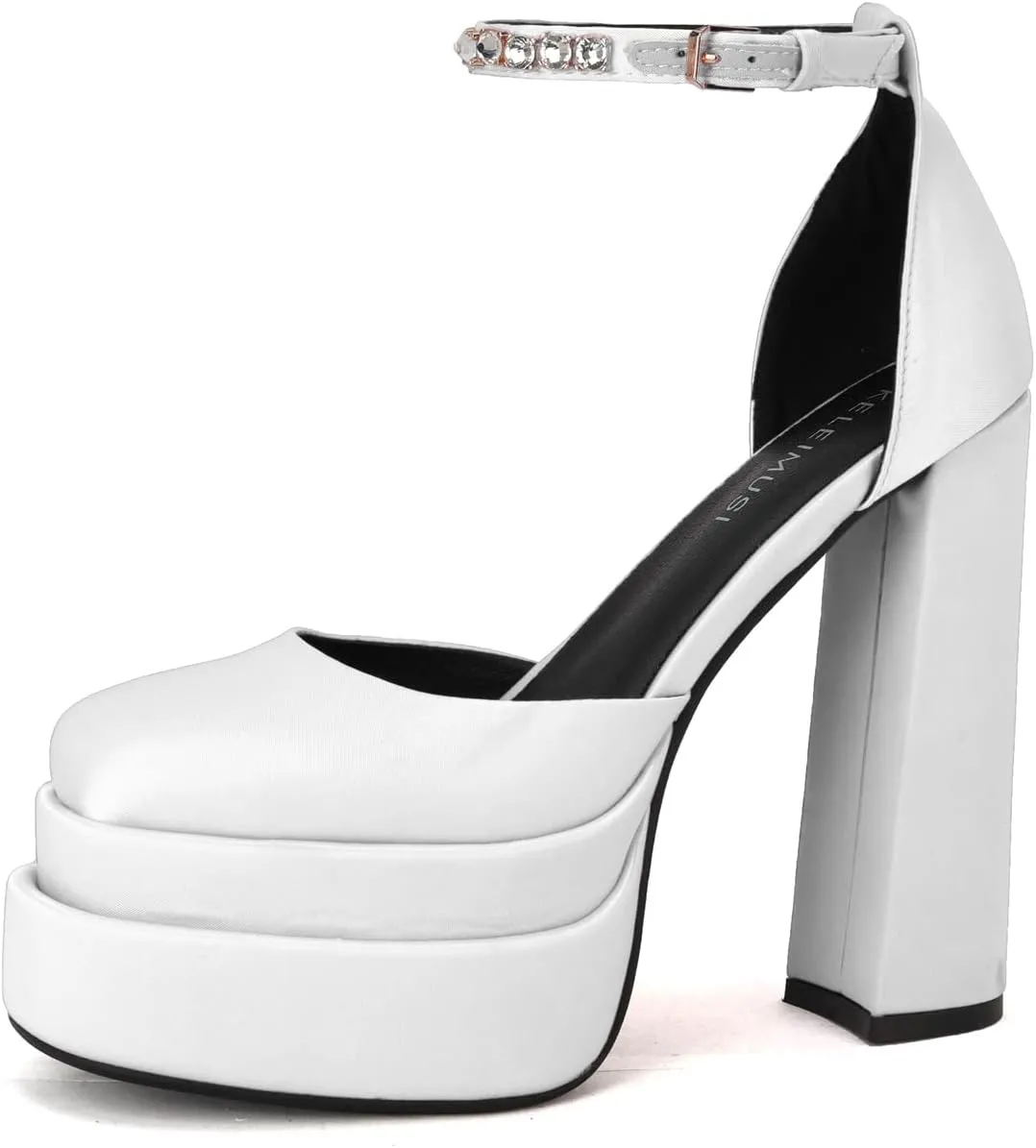 keleimusi Strappy Platform Pumps Lace-Up Square Toe Patent Leather High Blocked Chunky Sandals for Women
