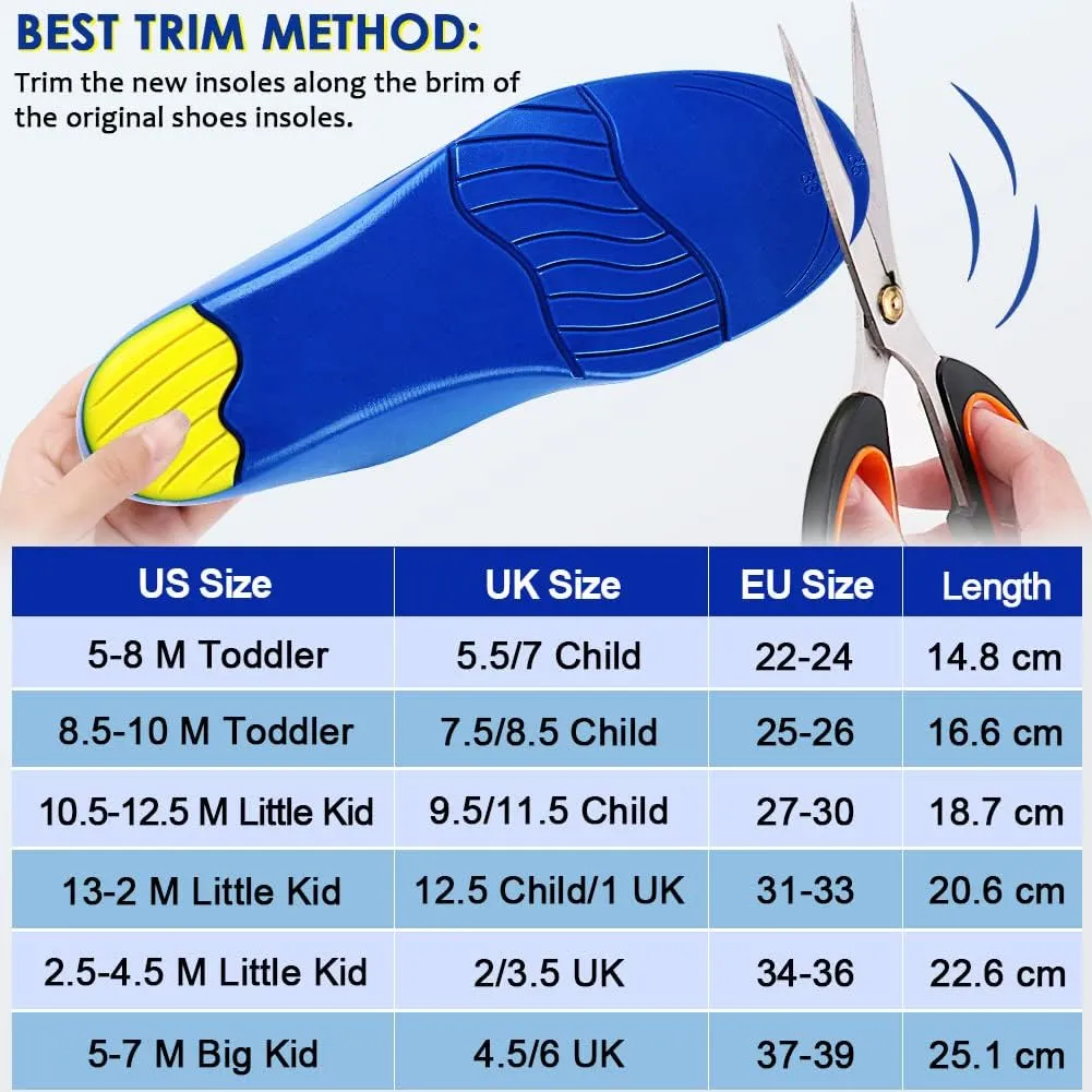 Kids Arch Support Shoe Insoles, Unisex Orthotics Shoe Insoles with PU Foam Cushioning for Flat Feet, Plantar Fasciitis, Heel Pain Relief
