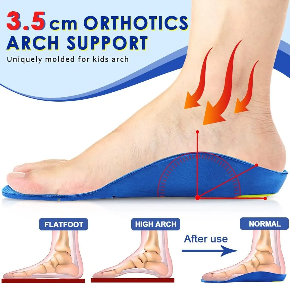 Kids Arch Support Shoe Insoles, Unisex Orthotics Shoe Insoles with PU Foam Cushioning for Flat Feet, Plantar Fasciitis, Heel Pain Relief