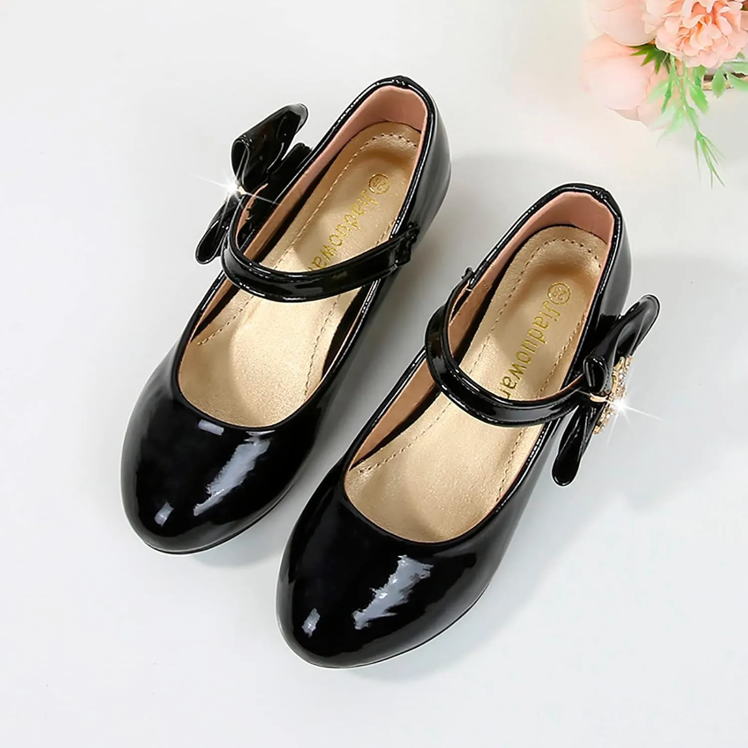 Kids Low Heels Dress Shoes Glitter Bowknot Toddler Girls Mary Jane Shoes Strap Closed Toe Wedding P𝐚rty