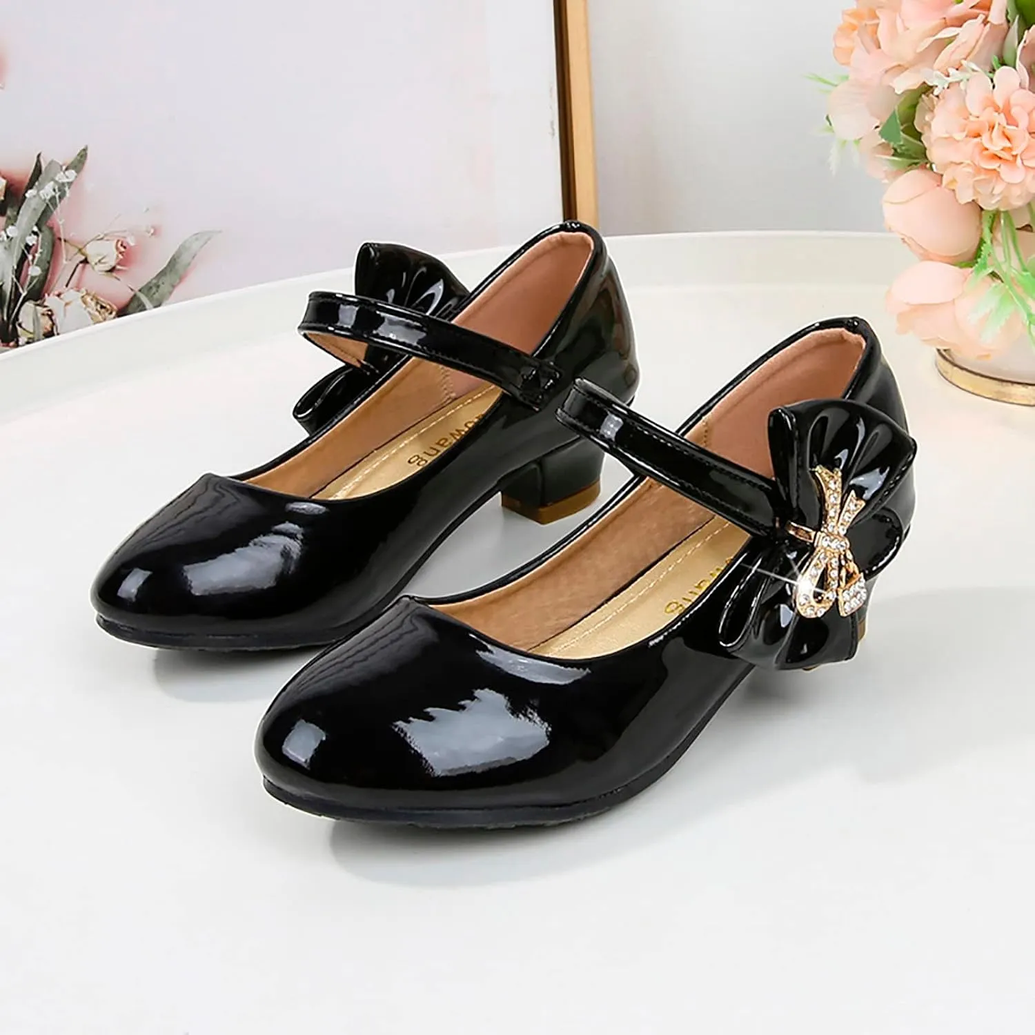 Kids Low Heels Dress Shoes Glitter Bowknot Toddler Girls Mary Jane Shoes Strap Closed Toe Wedding P𝐚rty