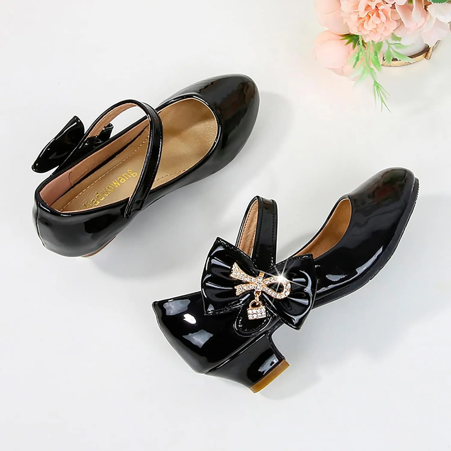 Kids Low Heels Dress Shoes Glitter Bowknot Toddler Girls Mary Jane Shoes Strap Closed Toe Wedding P𝐚rty
