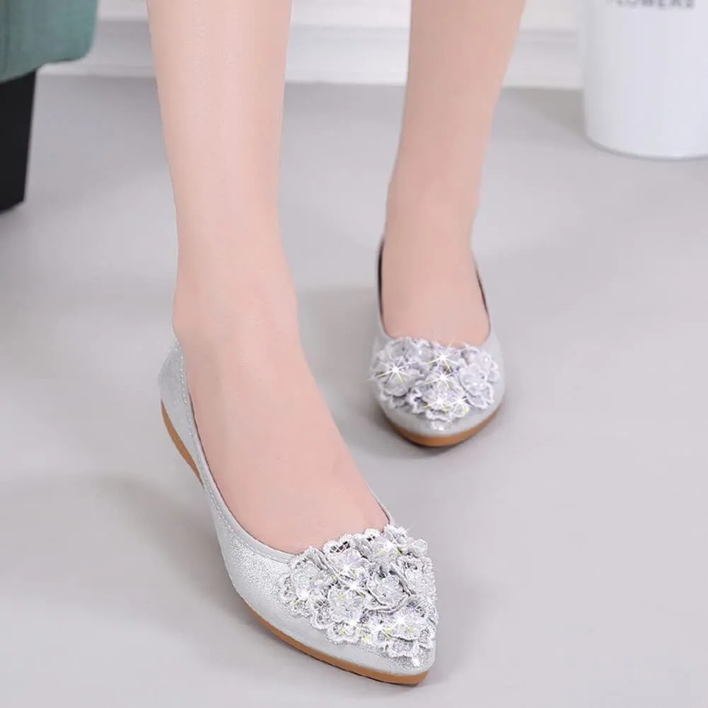 KUNWFNIX Women Ballet Flats Rhinestone Wedding Ballerina Shoes Foldable Sparkly Comfort Slip on Flat Shoes