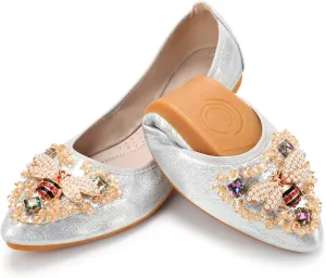 KUNWFNIX Women Ballet Flats Rhinestone Wedding Ballerina Shoes Foldable Sparkly Comfort Slip on Flat Shoes