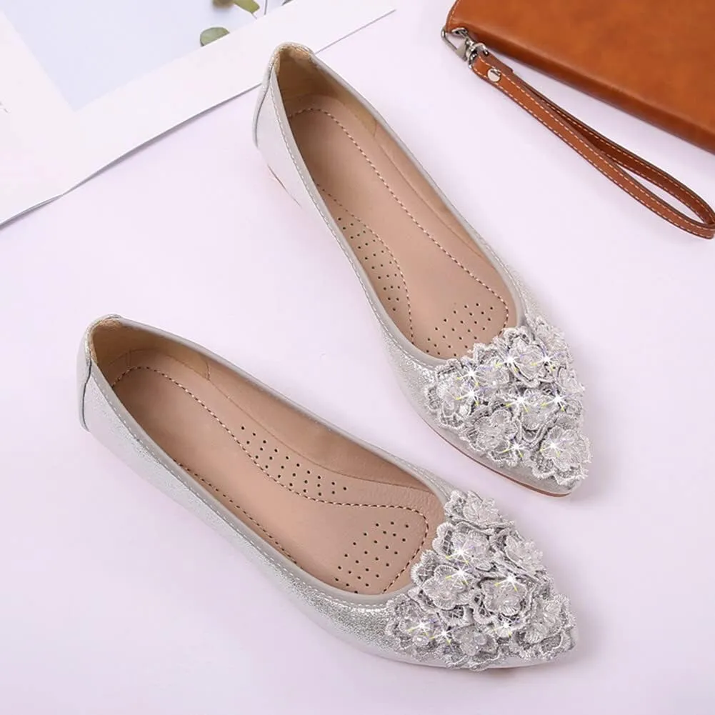 KUNWFNIX Women Ballet Flats Rhinestone Wedding Ballerina Shoes Foldable Sparkly Comfort Slip on Flat Shoes