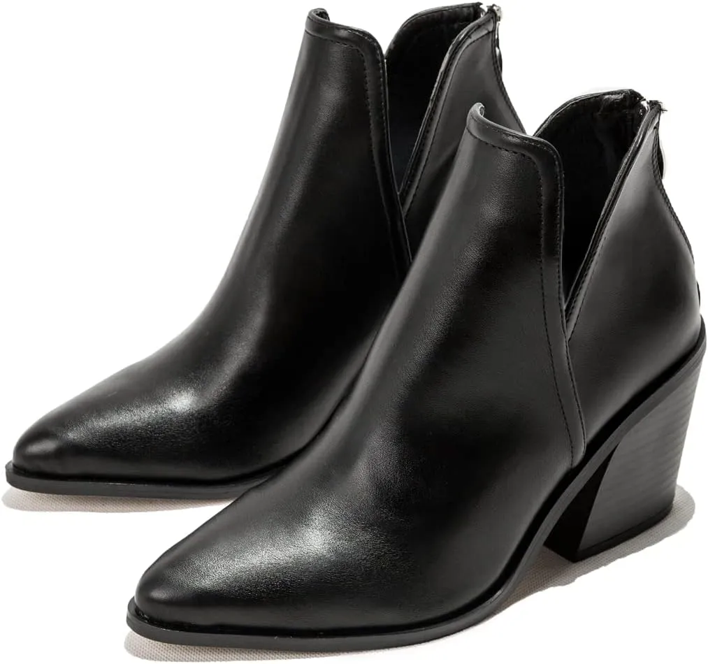 KUUTGG Women's Pointed Toe Western Ankle Boots V Cut Stacked Chunky High Heel Zipper Dressy Short Booties