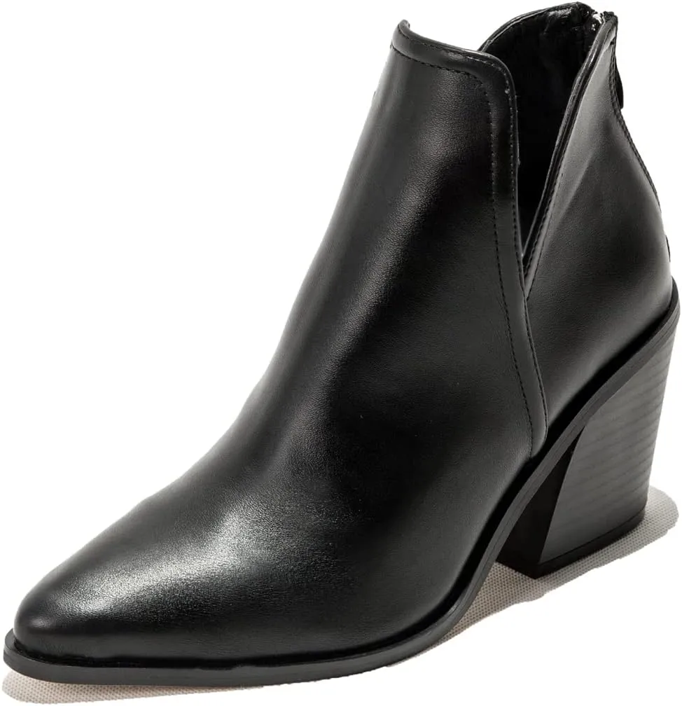 KUUTGG Women's Pointed Toe Western Ankle Boots V Cut Stacked Chunky High Heel Zipper Dressy Short Booties