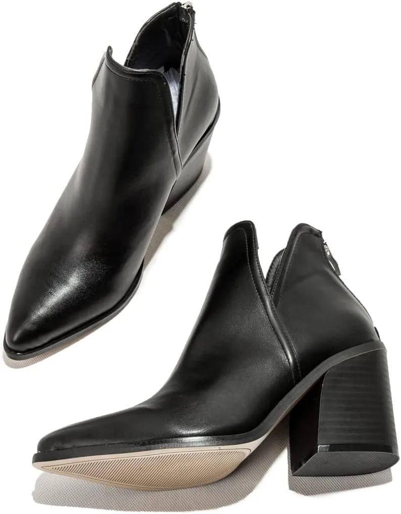 KUUTGG Women's Pointed Toe Western Ankle Boots V Cut Stacked Chunky High Heel Zipper Dressy Short Booties