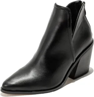 KUUTGG Women's Pointed Toe Western Ankle Boots V Cut Stacked Chunky High Heel Zipper Dressy Short Booties