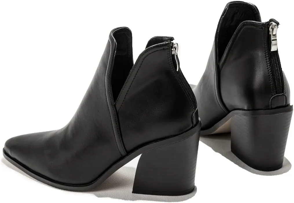 KUUTGG Women's Pointed Toe Western Ankle Boots V Cut Stacked Chunky High Heel Zipper Dressy Short Booties