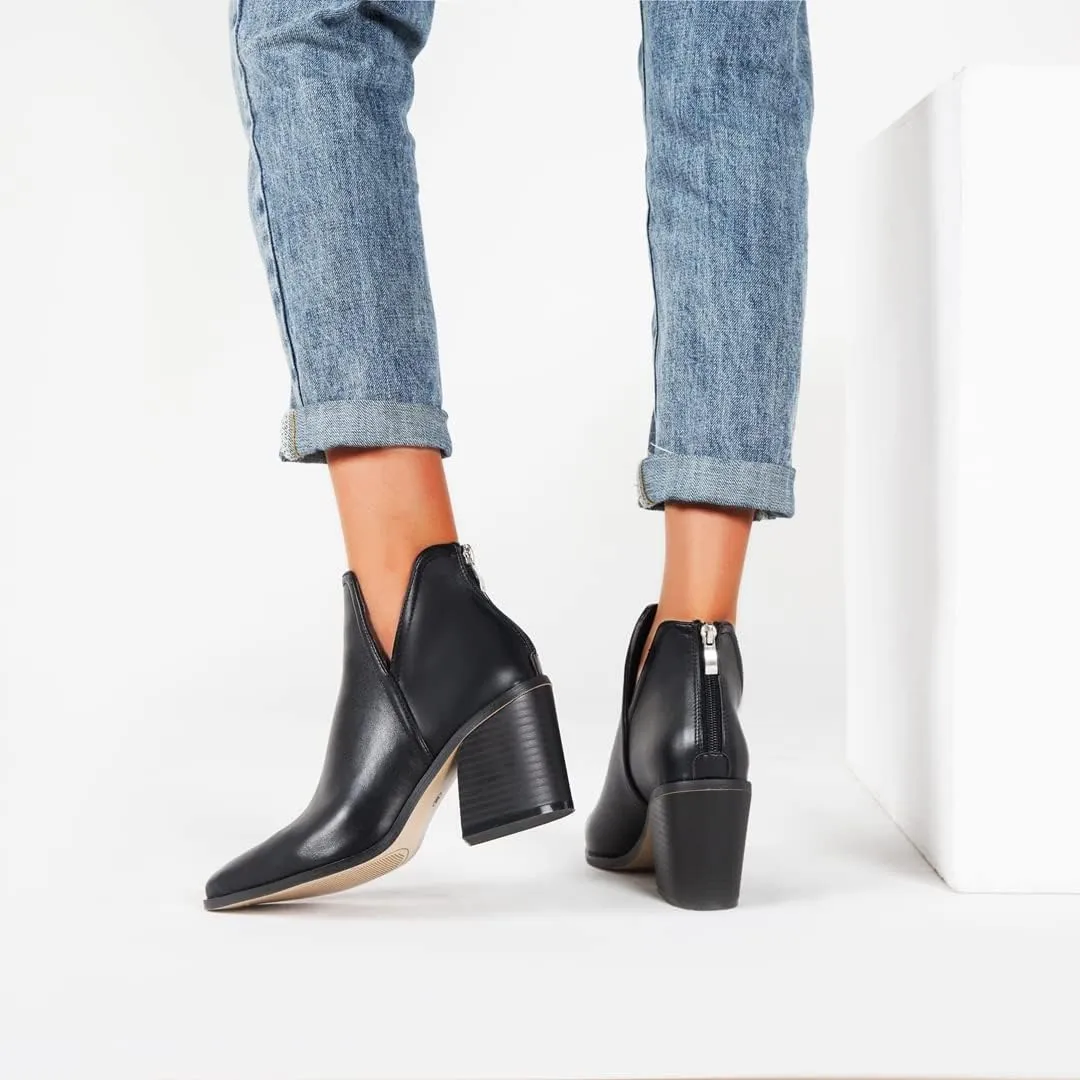 KUUTGG Women's Pointed Toe Western Ankle Boots V Cut Stacked Chunky High Heel Zipper Dressy Short Booties