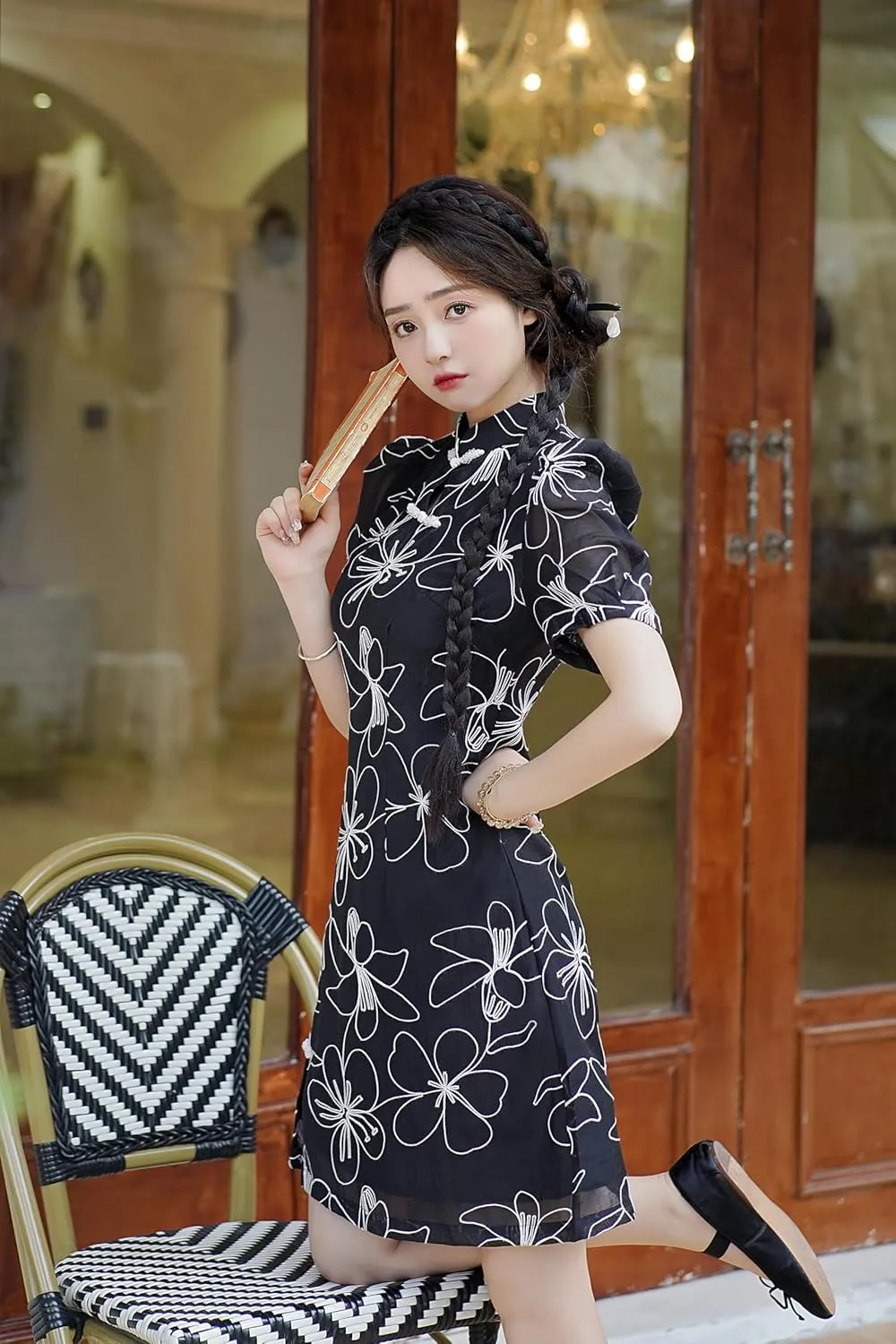 LAI MENG FIVE CATS Women's Vintage Chinese Cheongsam Print Dress Short Sleeve Side Slit Mini Dress