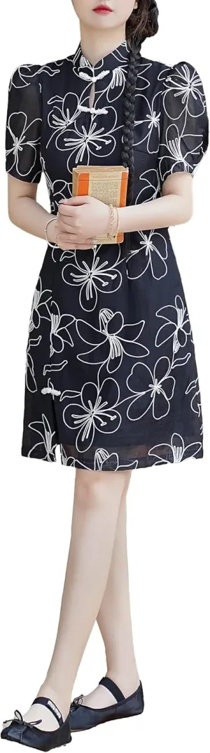 LAI MENG FIVE CATS Women's Vintage Chinese Cheongsam Print Dress Short Sleeve Side Slit Mini Dress