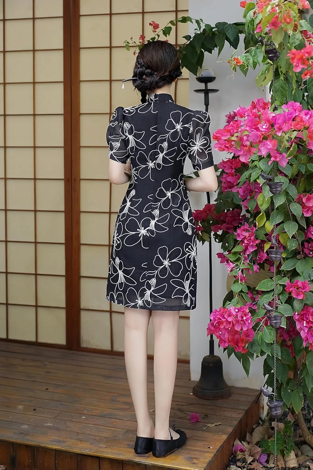 LAI MENG FIVE CATS Women's Vintage Chinese Cheongsam Print Dress Short Sleeve Side Slit Mini Dress