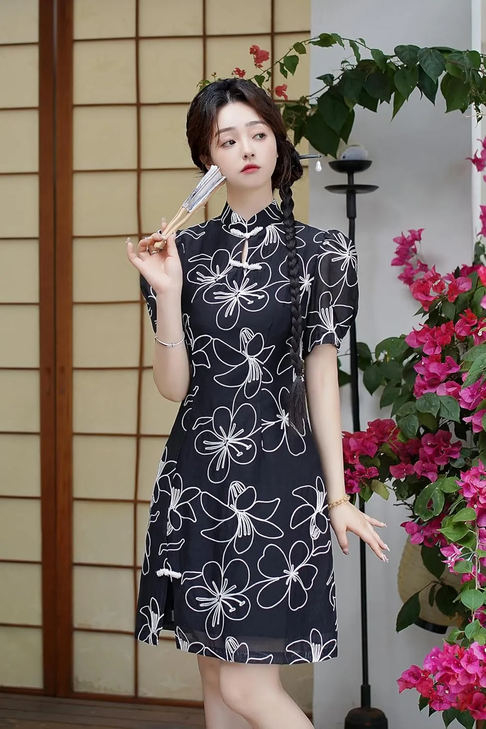 LAI MENG FIVE CATS Women's Vintage Chinese Cheongsam Print Dress Short Sleeve Side Slit Mini Dress