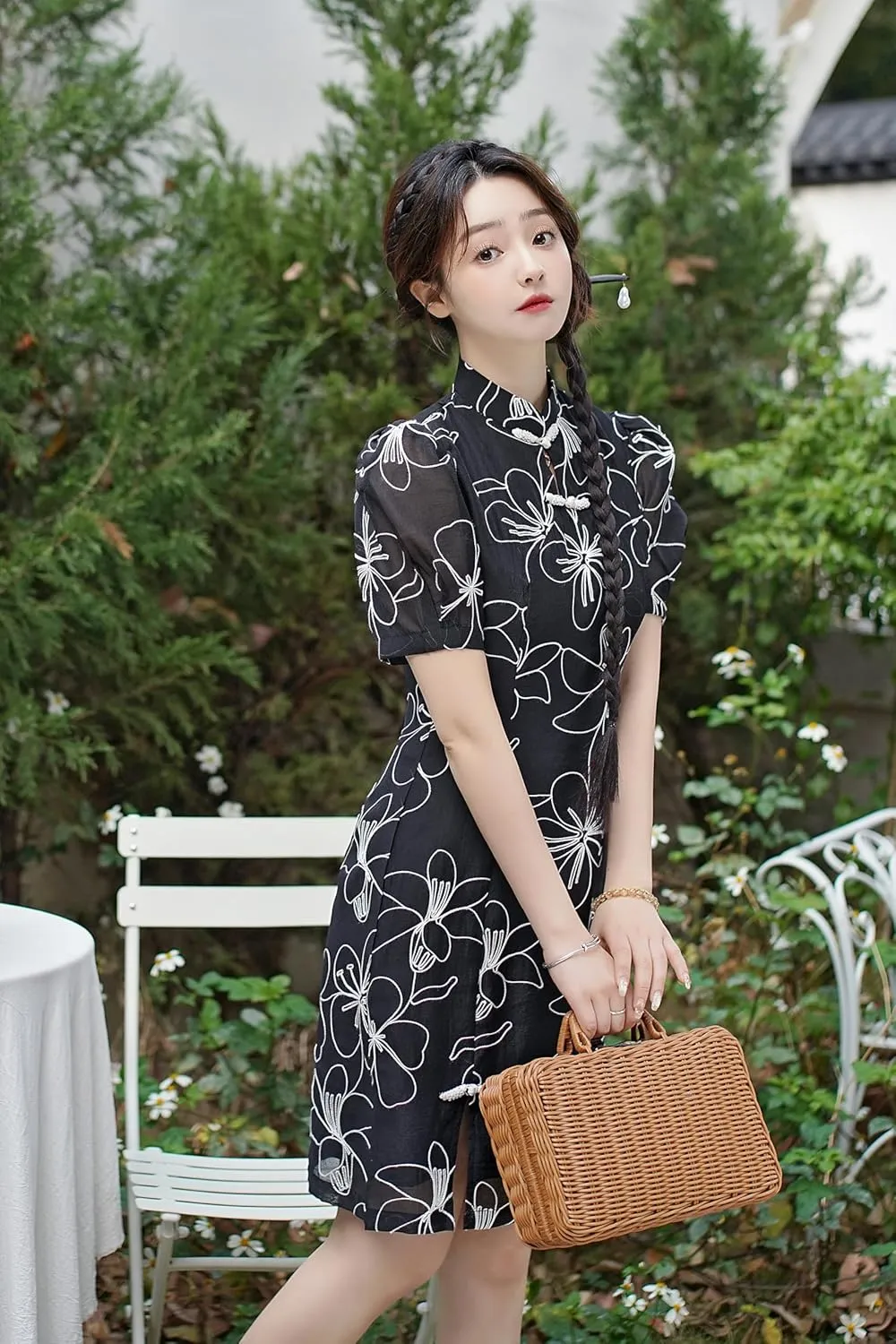 LAI MENG FIVE CATS Women's Vintage Chinese Cheongsam Print Dress Short Sleeve Side Slit Mini Dress