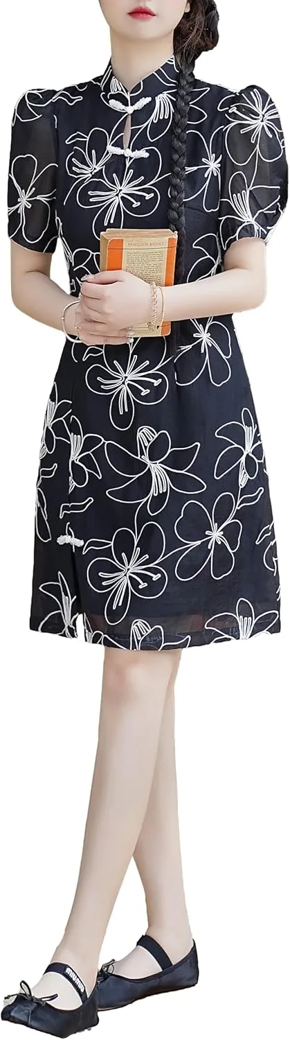 LAI MENG FIVE CATS Women's Vintage Chinese Cheongsam Print Dress Short Sleeve Side Slit Mini Dress