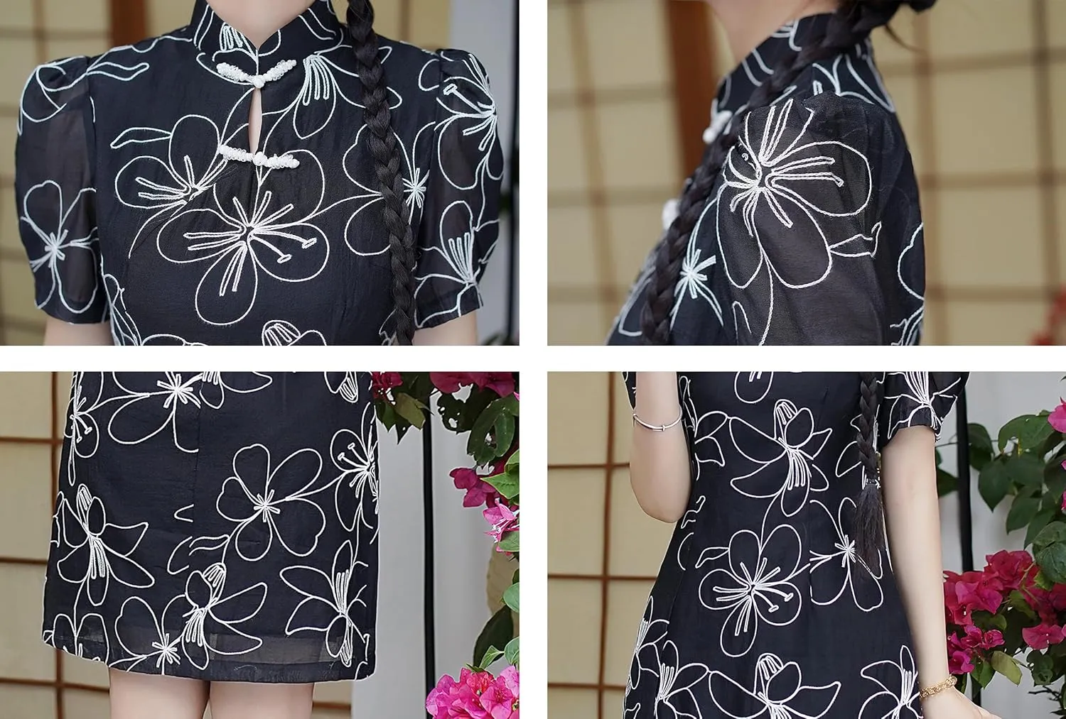 LAI MENG FIVE CATS Women's Vintage Chinese Cheongsam Print Dress Short Sleeve Side Slit Mini Dress