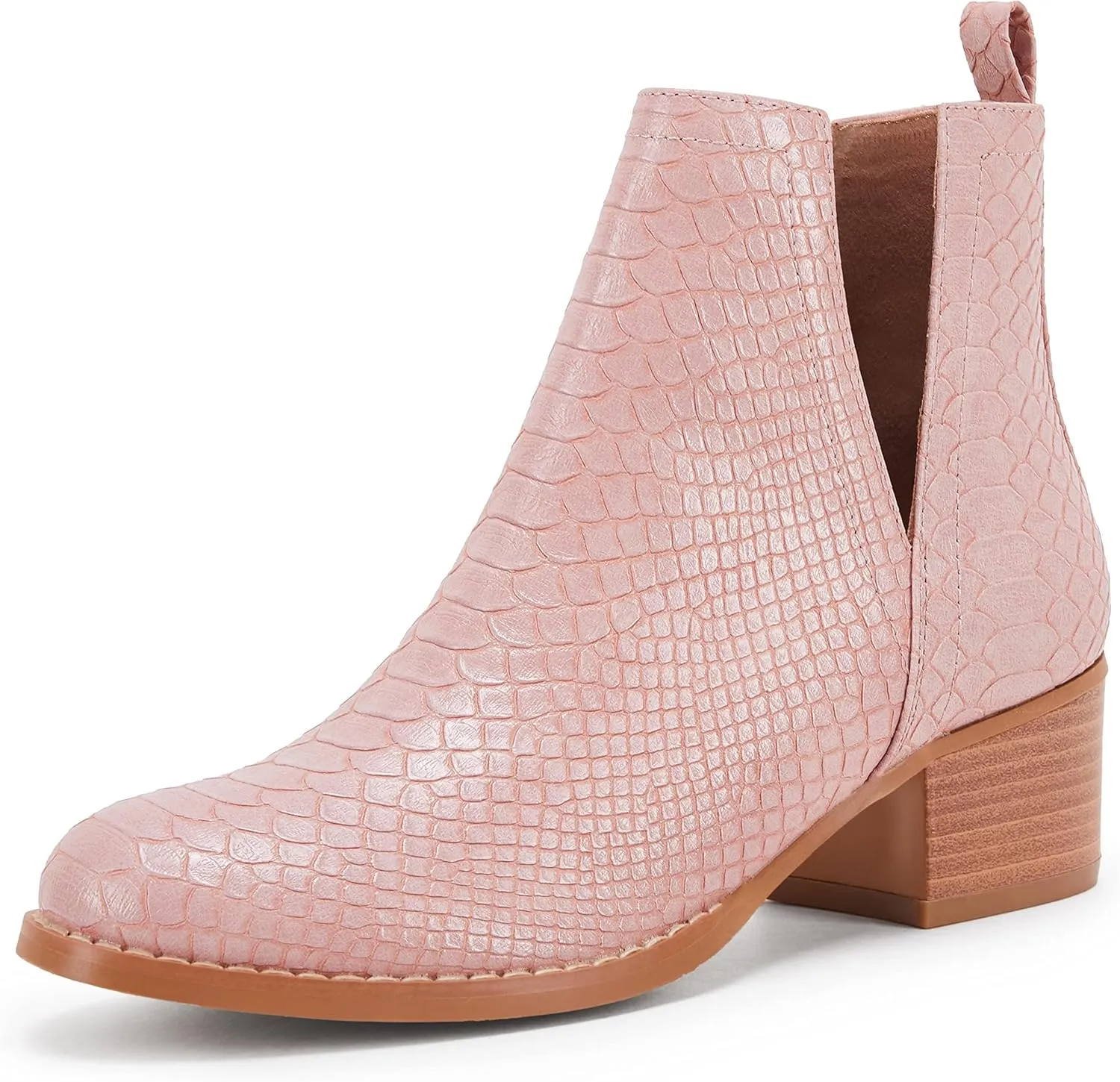 LAICIGO Women's V Cut Ankle Booties Low Stacked Heel Closed Toe Perforated Slipon Faux Leather Western Boots