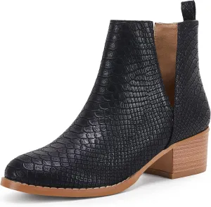 LAICIGO Women's V Cut Ankle Booties Low Stacked Heel Closed Toe Perforated Slipon Faux Leather Western Boots