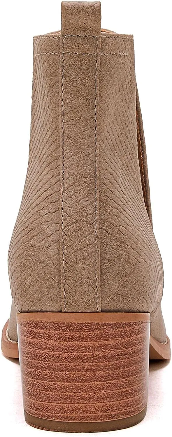 LAICIGO Women's V Cut Ankle Booties Low Stacked Heel Closed Toe Perforated Slipon Faux Leather Western Boots