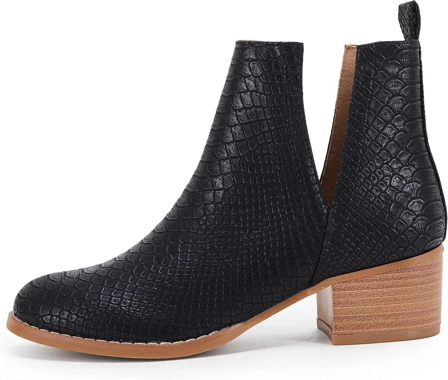 LAICIGO Women's V Cut Ankle Booties Low Stacked Heel Closed Toe Perforated Slipon Faux Leather Western Boots