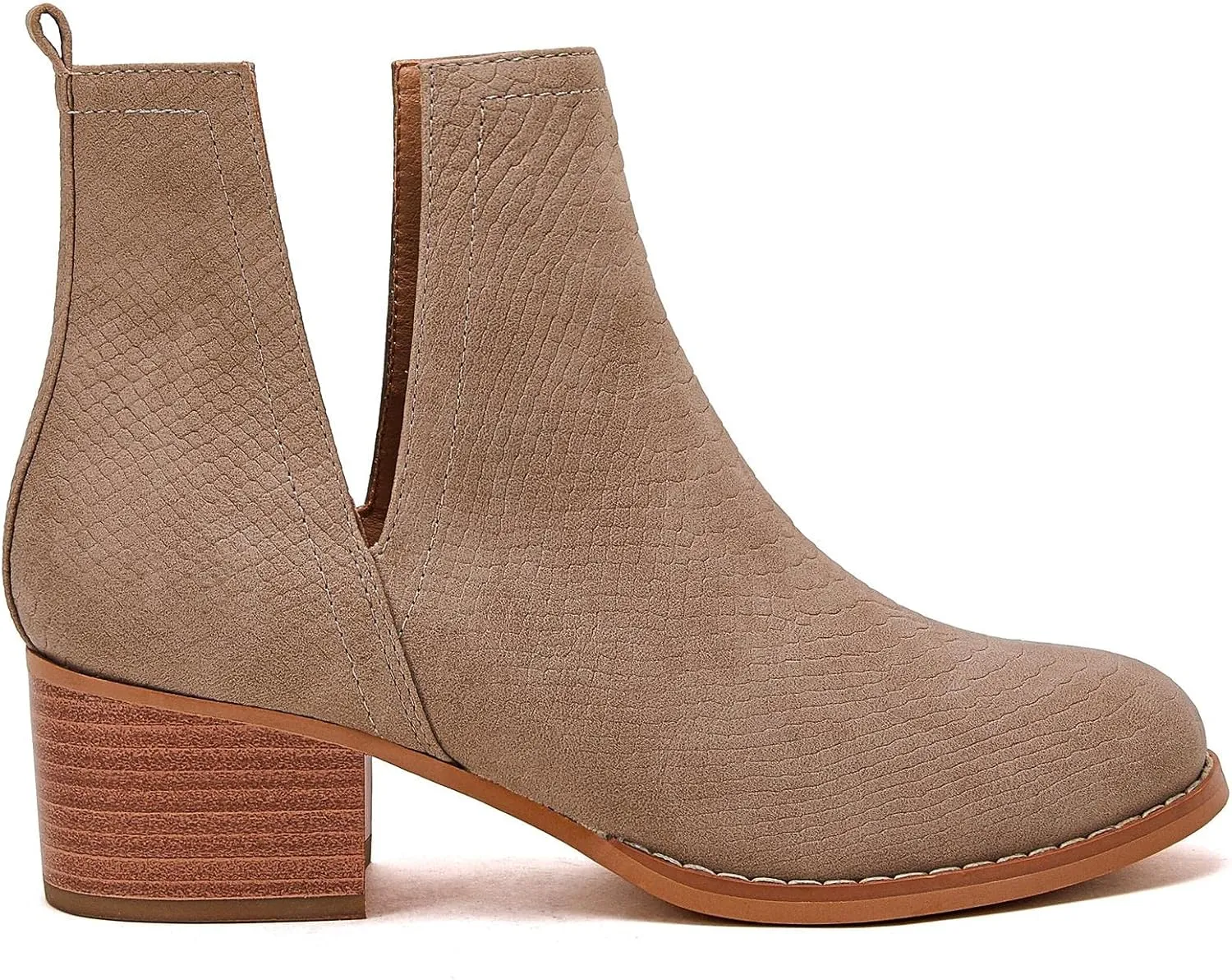 LAICIGO Women's V Cut Ankle Booties Low Stacked Heel Closed Toe Perforated Slipon Faux Leather Western Boots