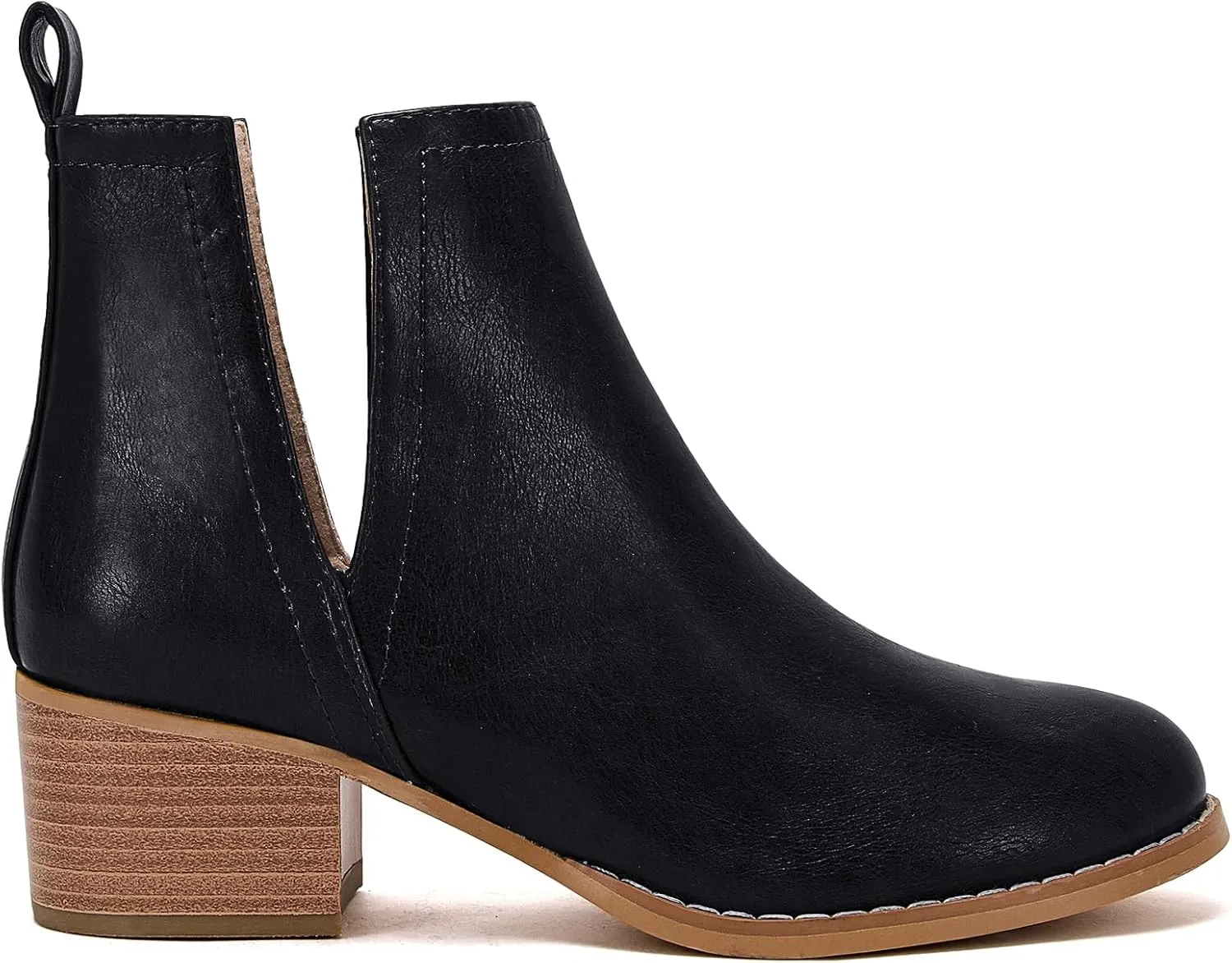 LAICIGO Women's V Cut Ankle Booties Low Stacked Heel Closed Toe Perforated Slipon Faux Leather Western Boots