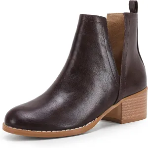 LAICIGO Women's V Cut Ankle Booties Low Stacked Heel Closed Toe Perforated Slipon Faux Leather Western Boots
