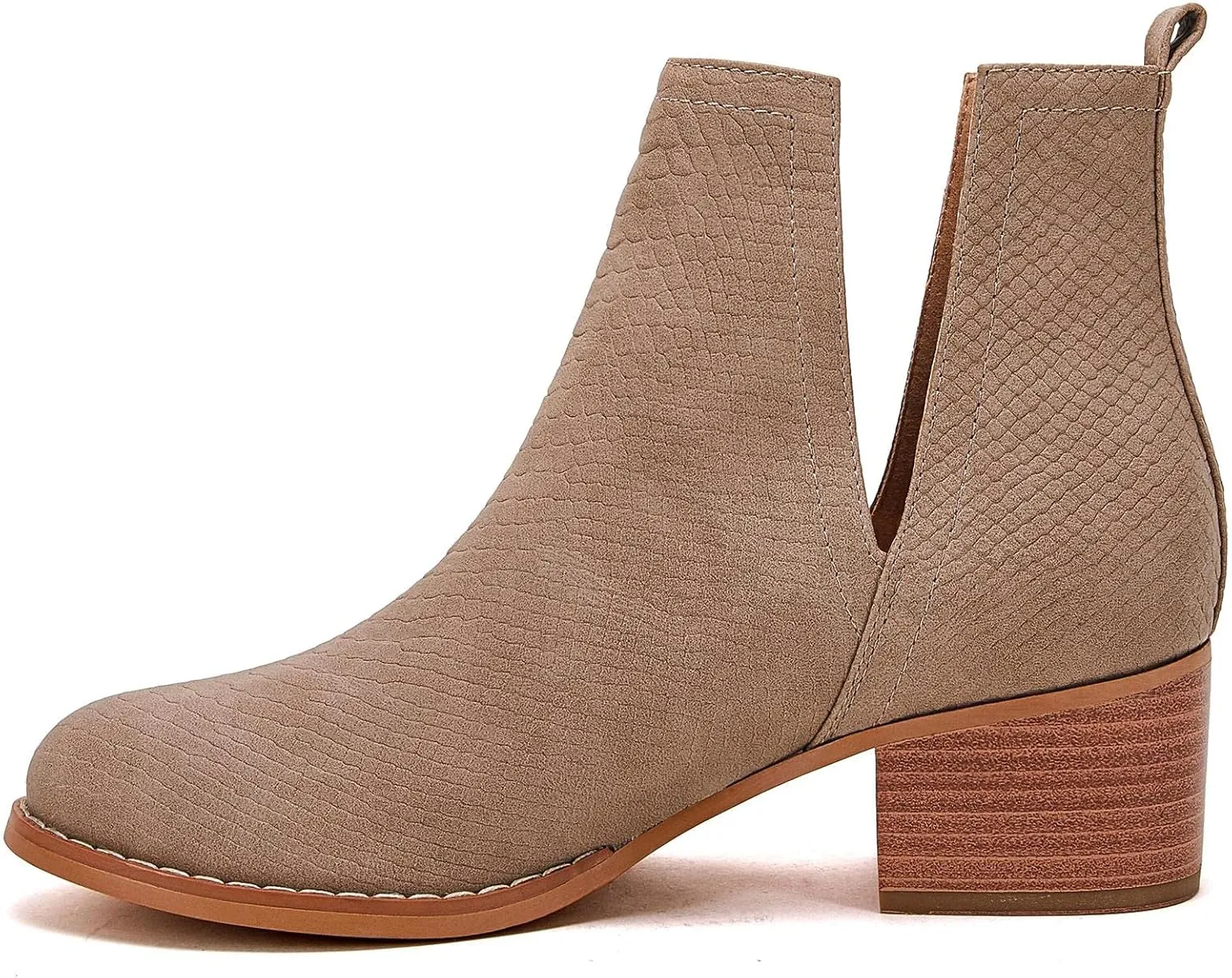 LAICIGO Women's V Cut Ankle Booties Low Stacked Heel Closed Toe Perforated Slipon Faux Leather Western Boots