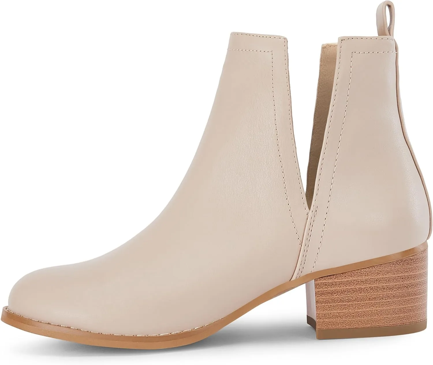 LAICIGO Women's V Cut Ankle Booties Low Stacked Heel Closed Toe Perforated Slipon Faux Leather Western Boots