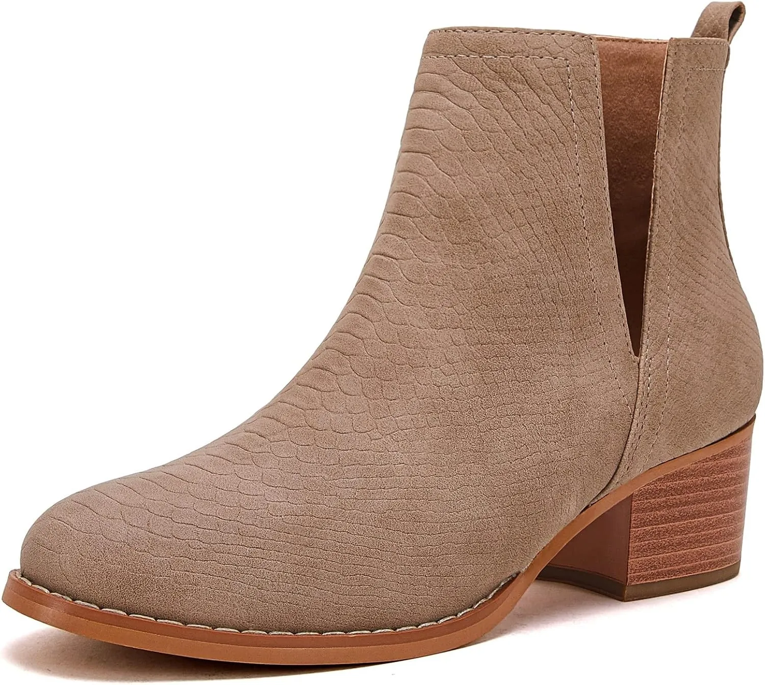 LAICIGO Women's V Cut Ankle Booties Low Stacked Heel Closed Toe Perforated Slipon Faux Leather Western Boots
