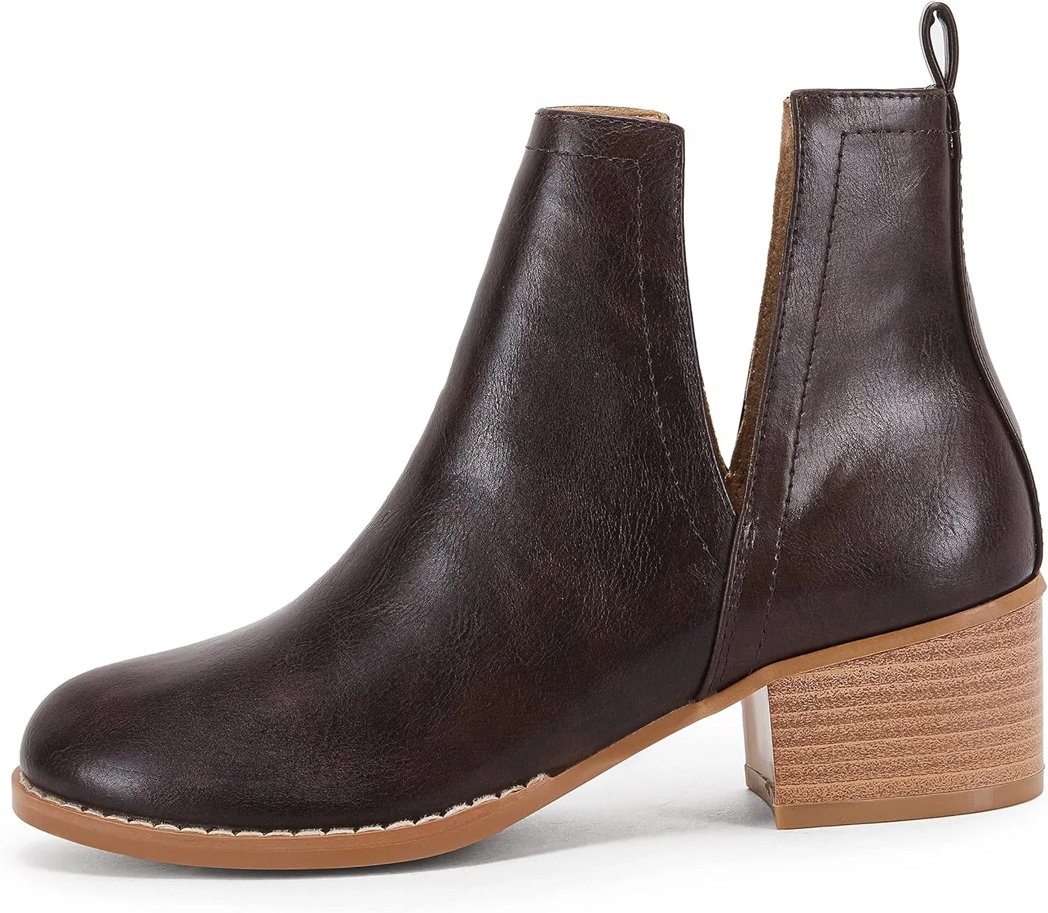 LAICIGO Women's V Cut Ankle Booties Low Stacked Heel Closed Toe Perforated Slipon Faux Leather Western Boots