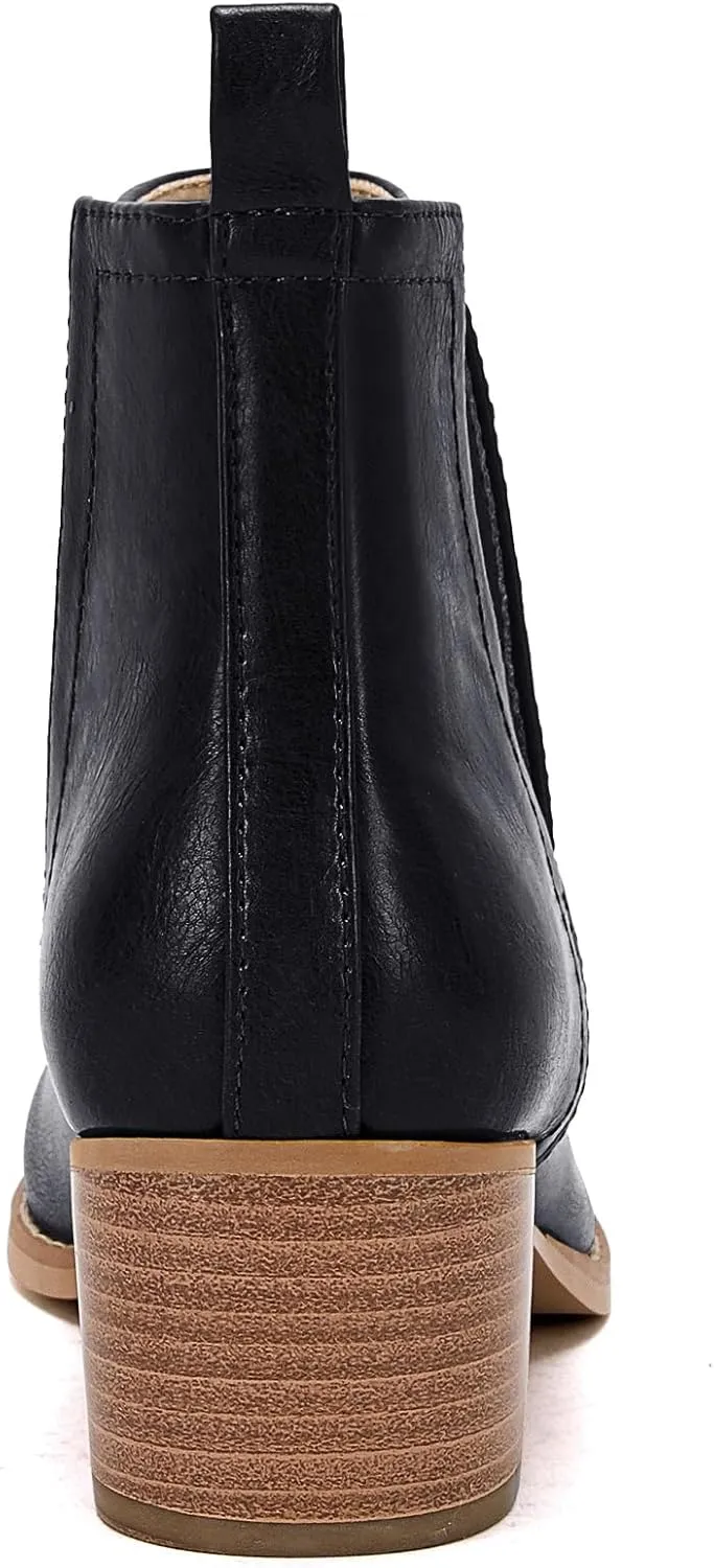 LAICIGO Women's V Cut Ankle Booties Low Stacked Heel Closed Toe Perforated Slipon Faux Leather Western Boots