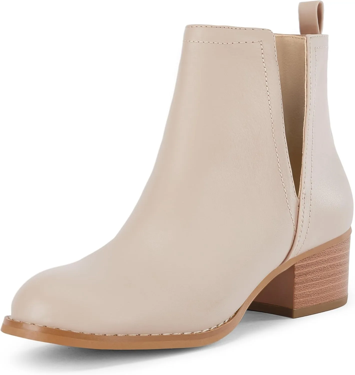 LAICIGO Women's V Cut Ankle Booties Low Stacked Heel Closed Toe Perforated Slipon Faux Leather Western Boots