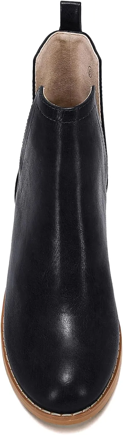 LAICIGO Women's V Cut Ankle Booties Low Stacked Heel Closed Toe Perforated Slipon Faux Leather Western Boots