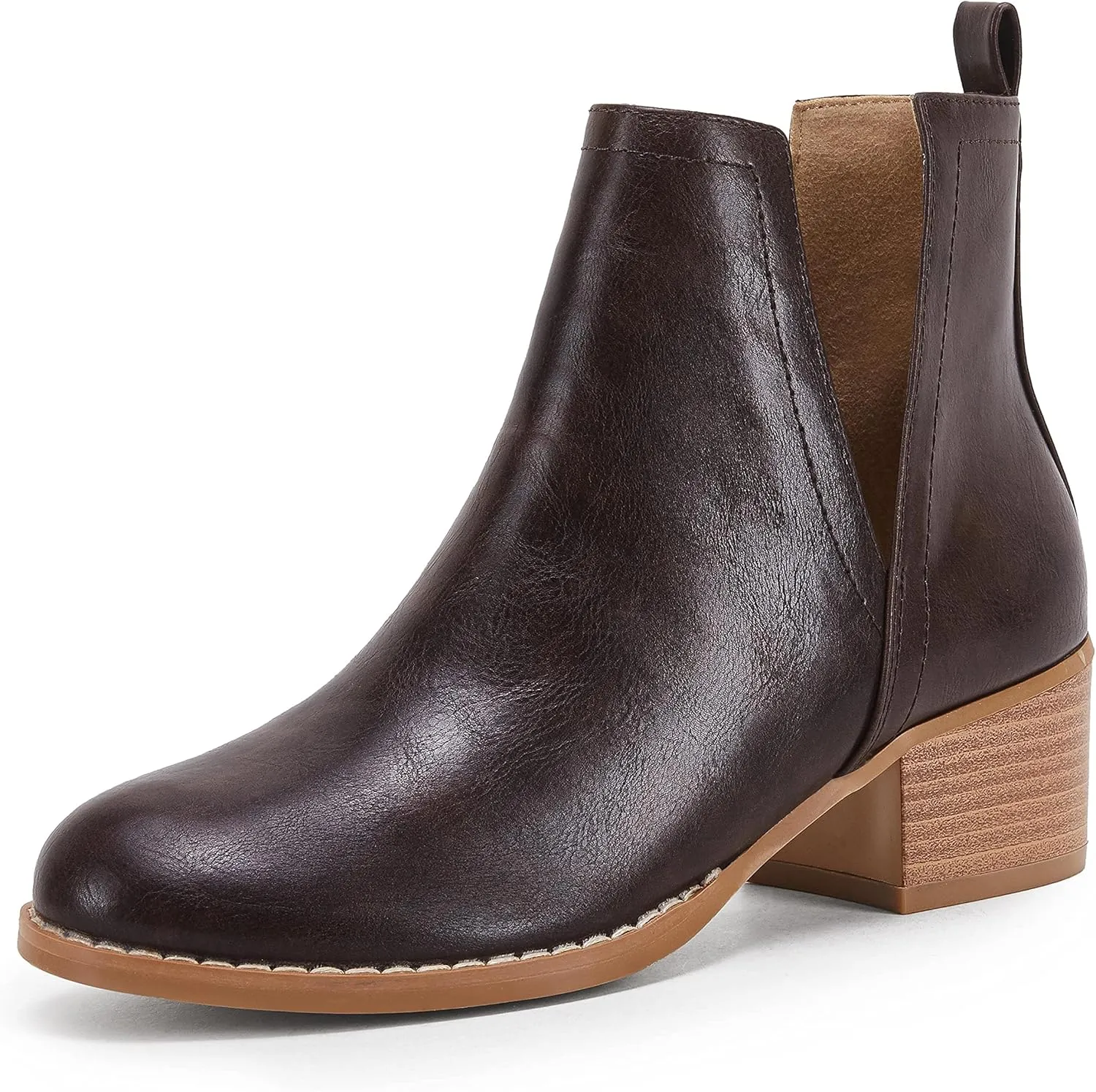 LAICIGO Women's V Cut Ankle Booties Low Stacked Heel Closed Toe Perforated Slipon Faux Leather Western Boots