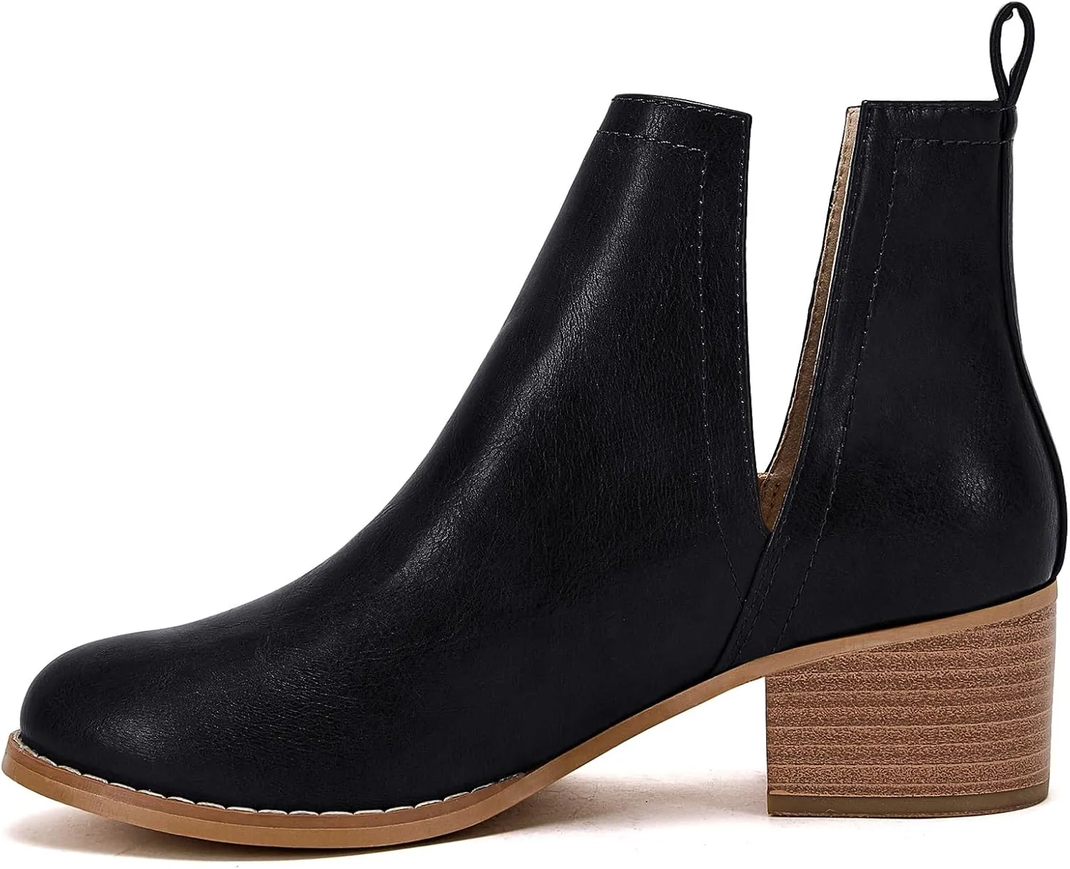 LAICIGO Women's V Cut Ankle Booties Low Stacked Heel Closed Toe Perforated Slipon Faux Leather Western Boots